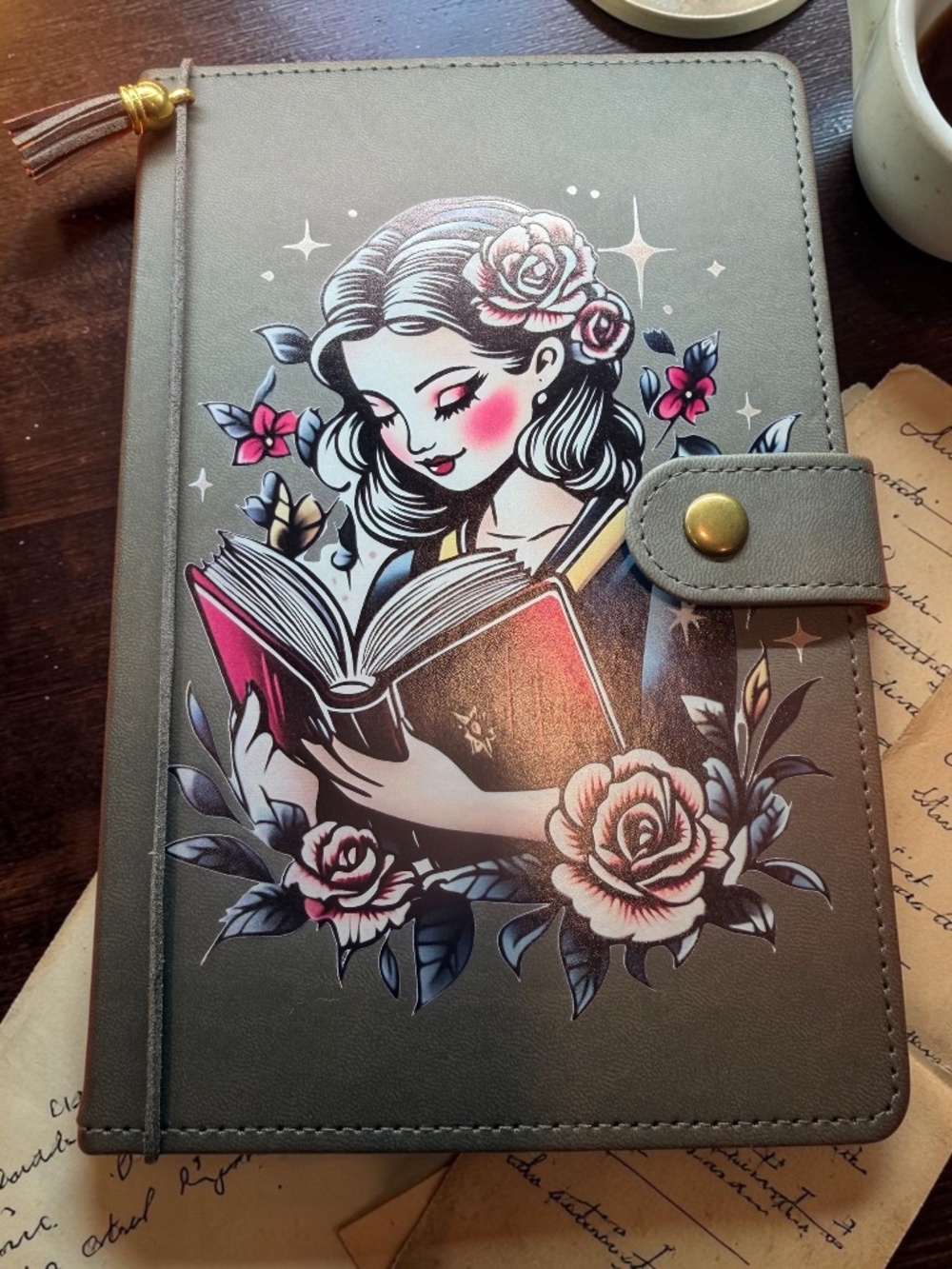 Tattoo Style Reading Girl Lined Journal | Floral Book Lover Notebook